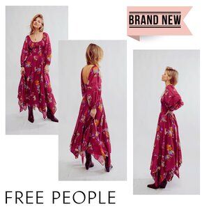 FREE PEOPLE $168 Floral Boho Maroon Red Smocked Maxi Dress NEW NWT Sz SM or XS